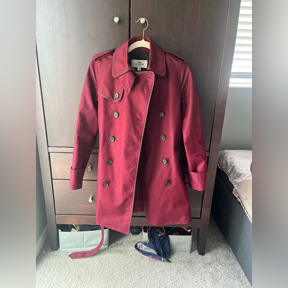 Coach Leather piped Burgundy Double-Breasted Trench Coat xxs